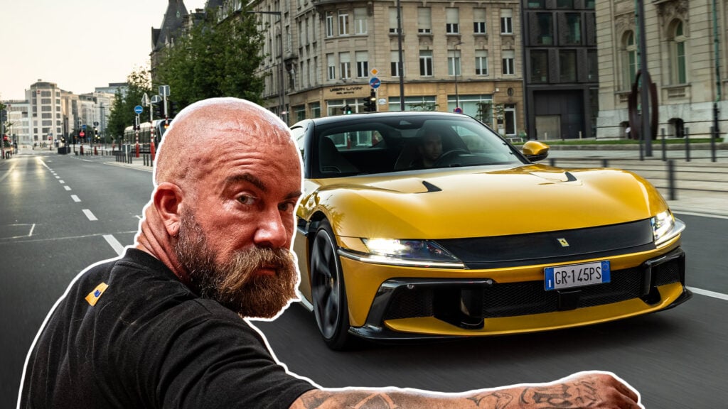 Jan Emanuel inklippet på en bild på en gul Ferrari 12cilindri.