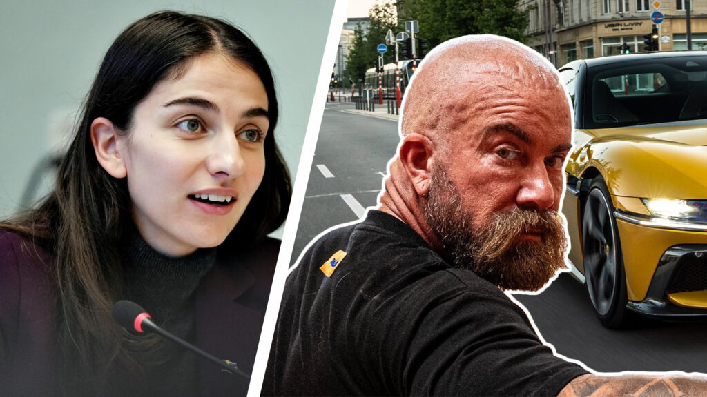 Jan Emanuel inklippet på en bild på en gul Ferrari 12cilindri.