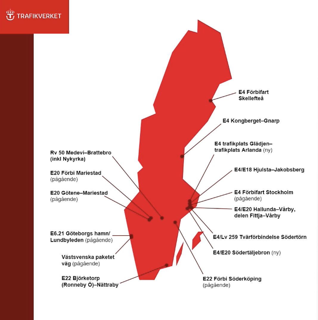 Större vägprojekt i Sverige 2026–2037.