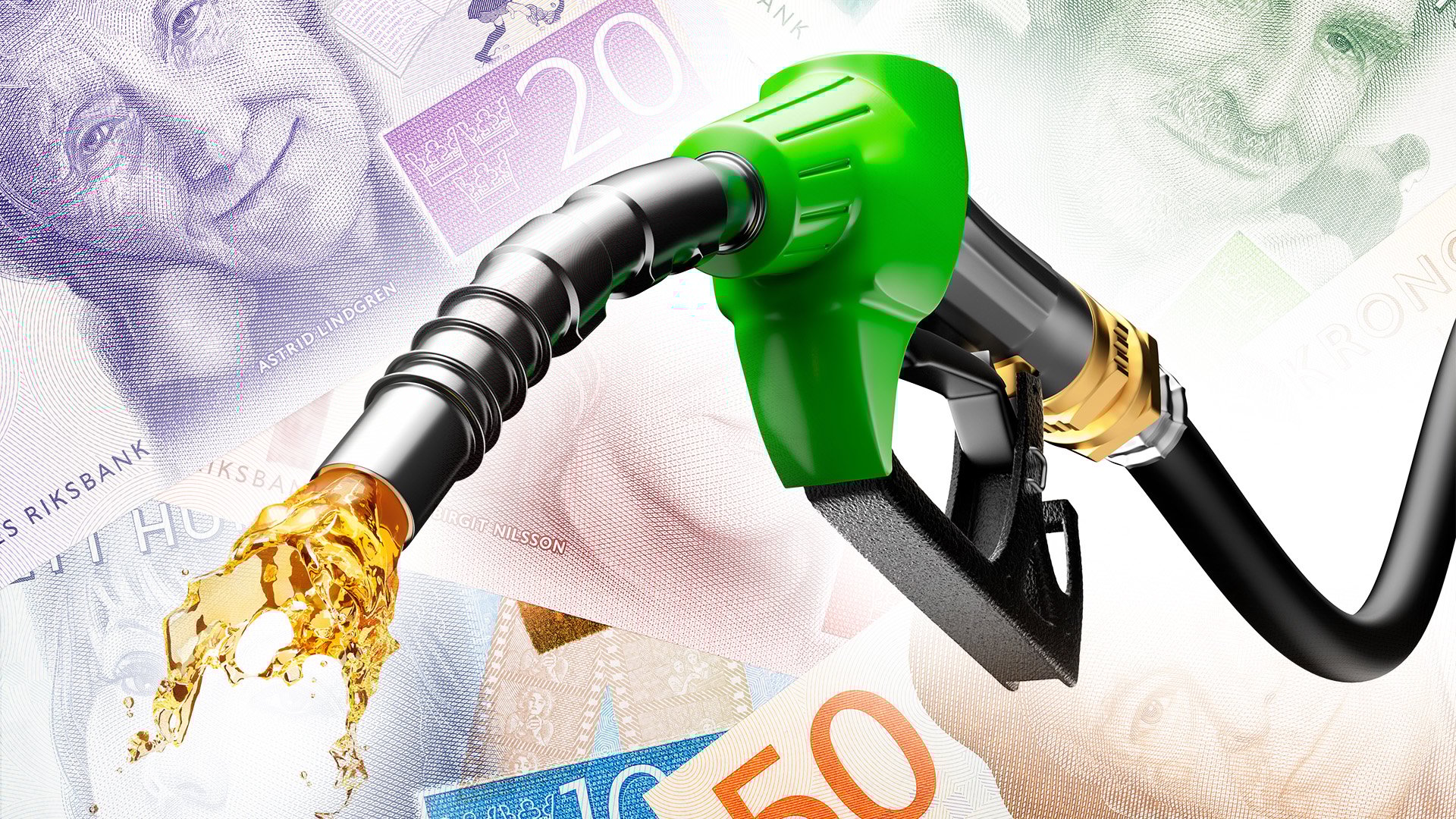 Bensinpumpshandtag och svenska sedlar