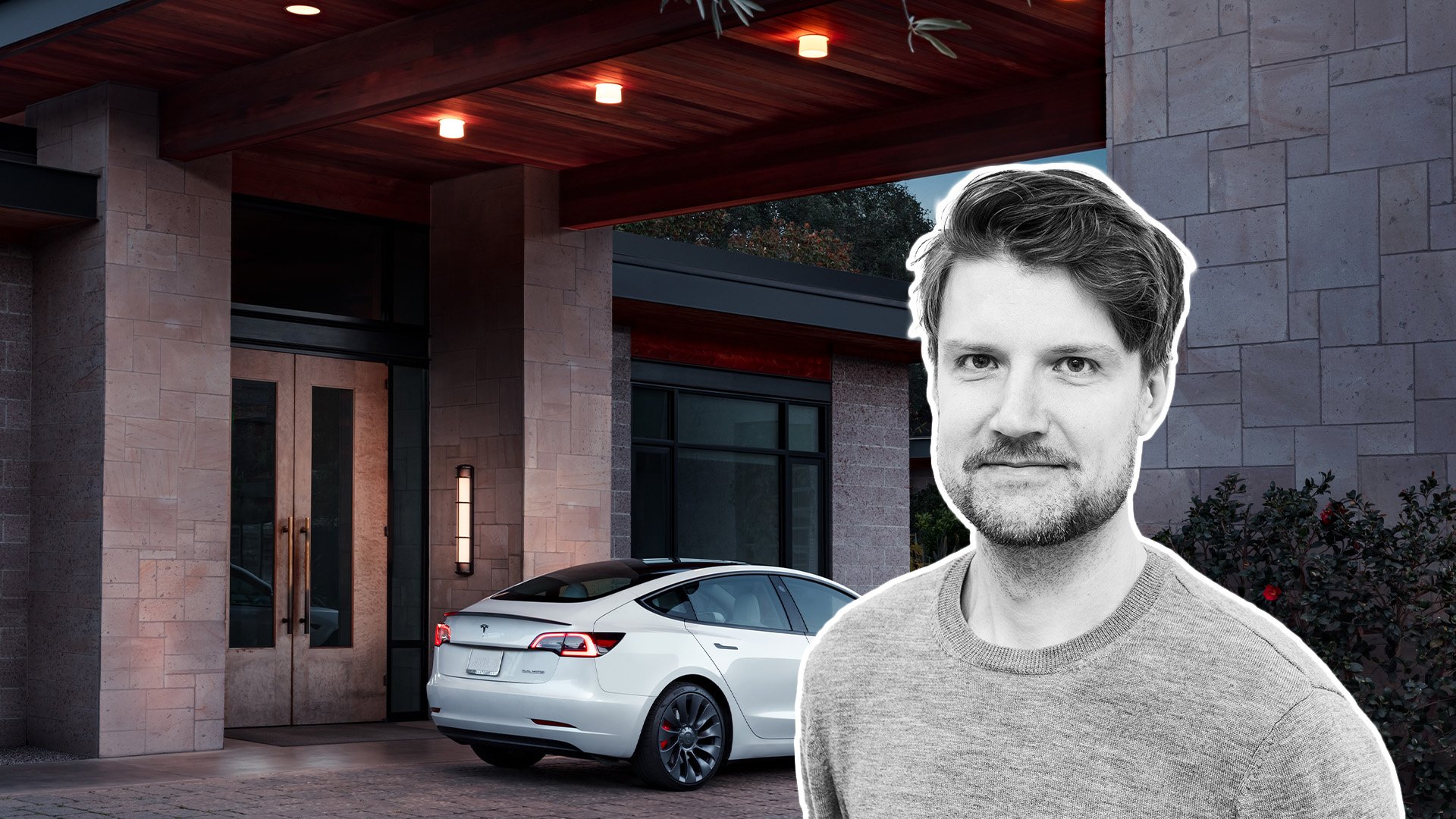 John Sempill inklippt på en bild på en Tesla Model 3 som laddar.