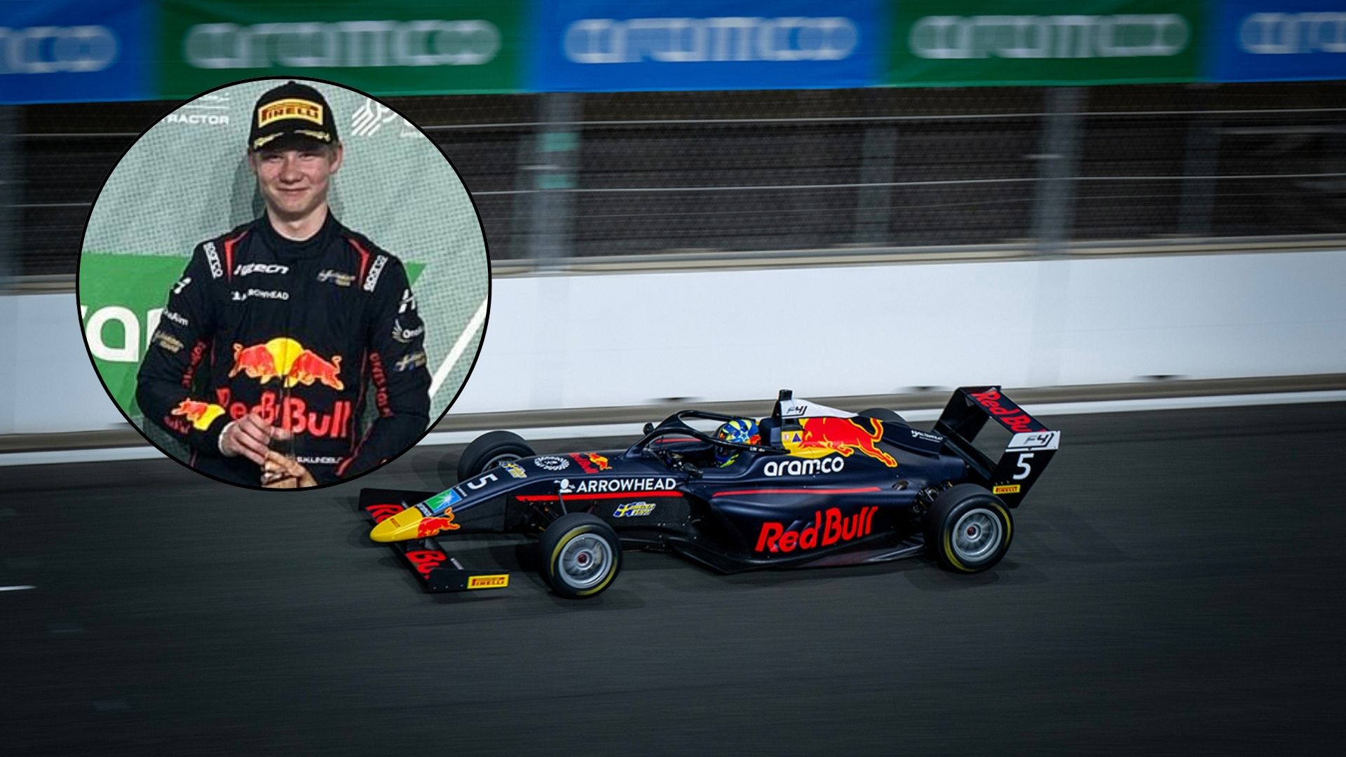 Scott Kin Lindblom i Red Bulls F4-bil under kvällsracet i Jeddah.