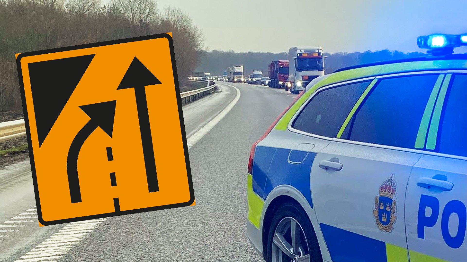Kö på E4:an i ett av två körfält + vägmärke