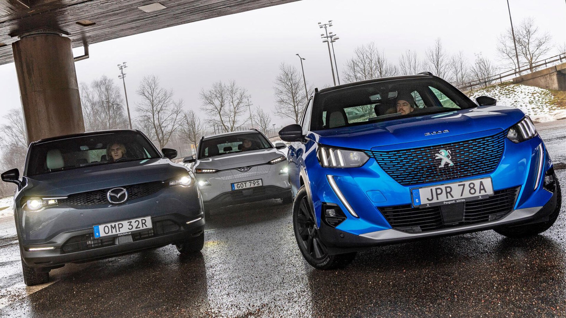 Mazda MX-30, Hyundai Kona Electric och Peugeot e-2008.