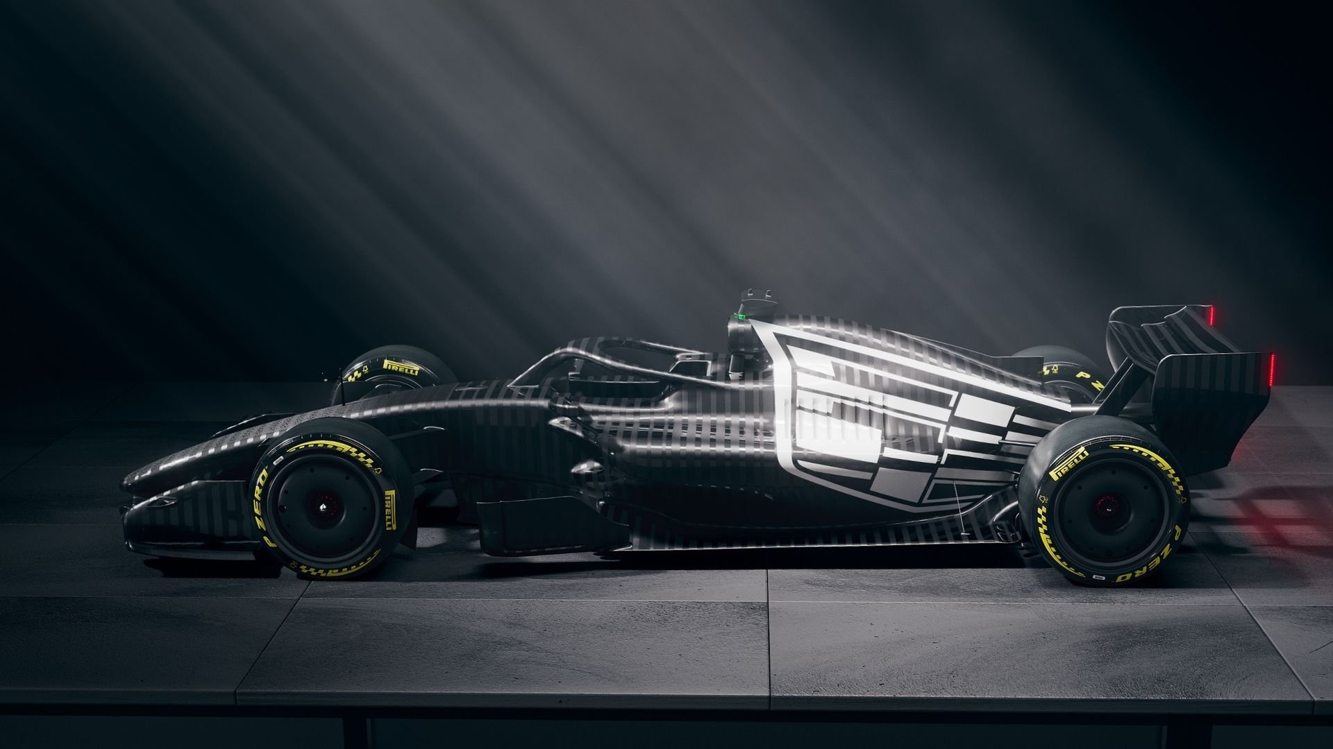 Sidovy av Cadillacs F1-testbil inför säsongen 2026