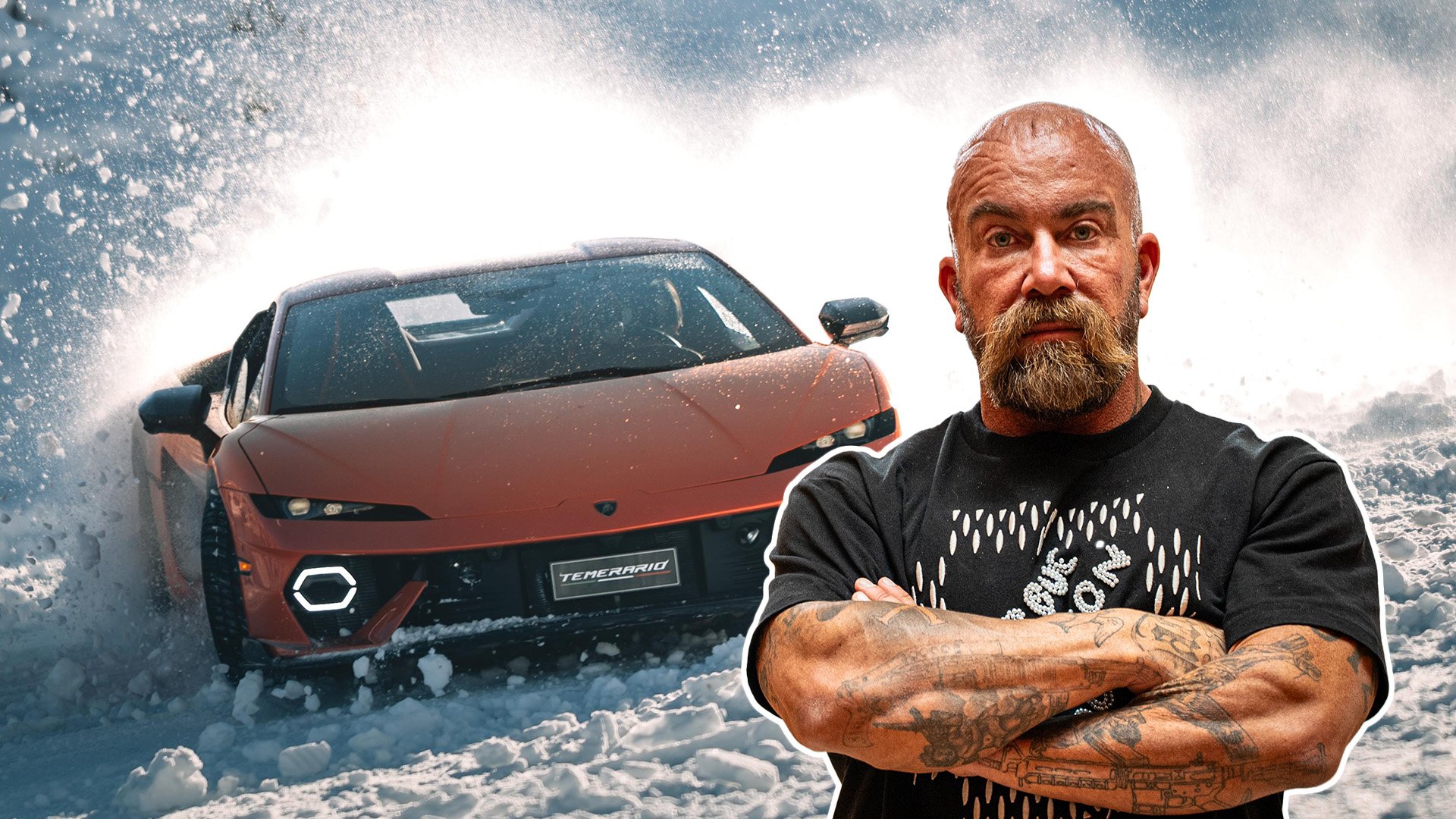 Jan Emanuel infälld på en bild på en orange Lamborghini Temerario på snö.