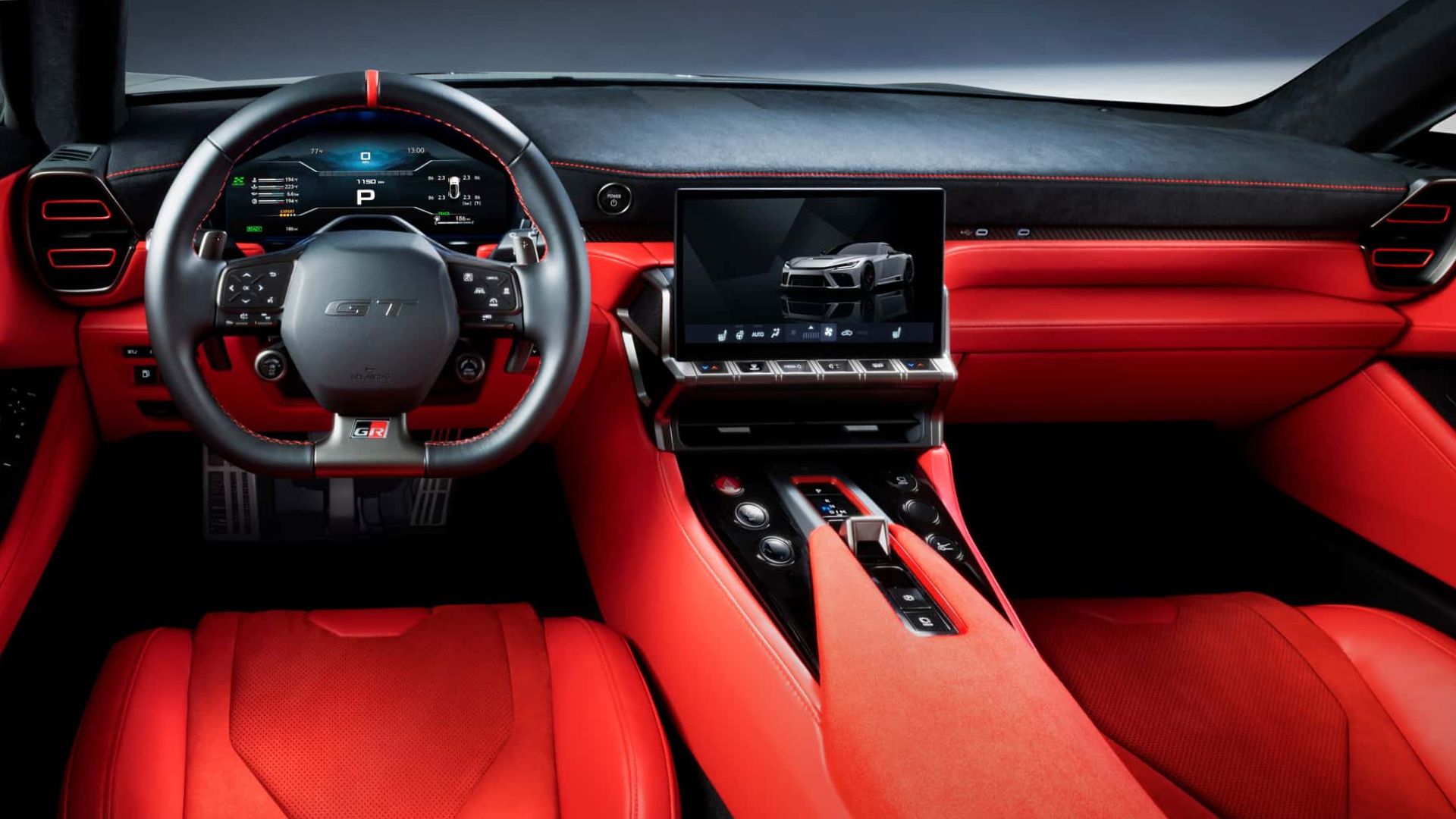 Interiör i Toyota GR GT utan Toyota-logotyp