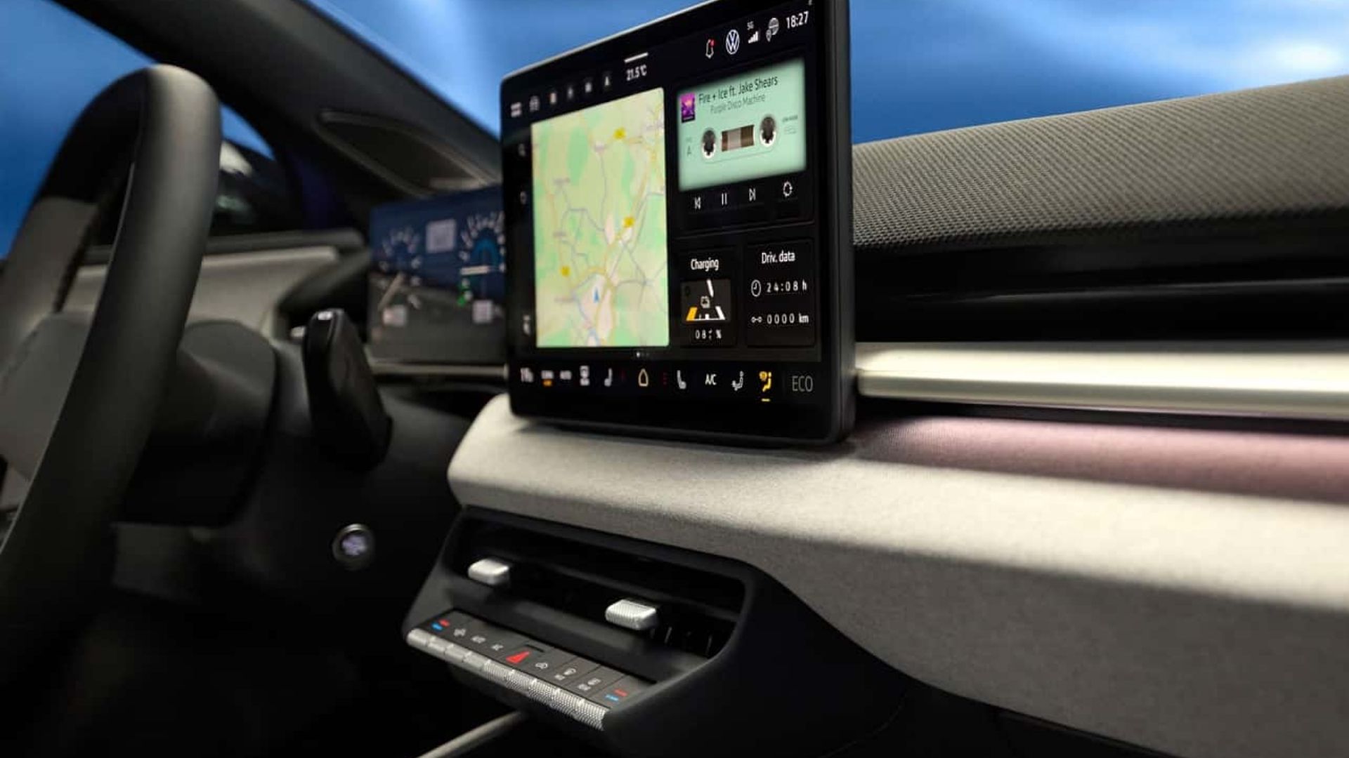 Infotainmentskärm och fysiska knappar i Volkswagen ID. Polo