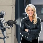 Robot som fotar en bilförare. Karin Adelsköld är infälld framför.