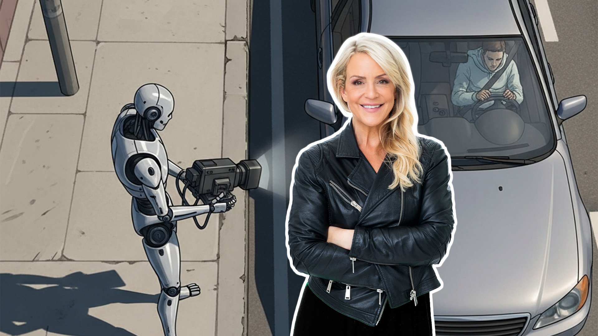 Robot som fotar en bilförare. Karin Adelsköld är infälld framför.