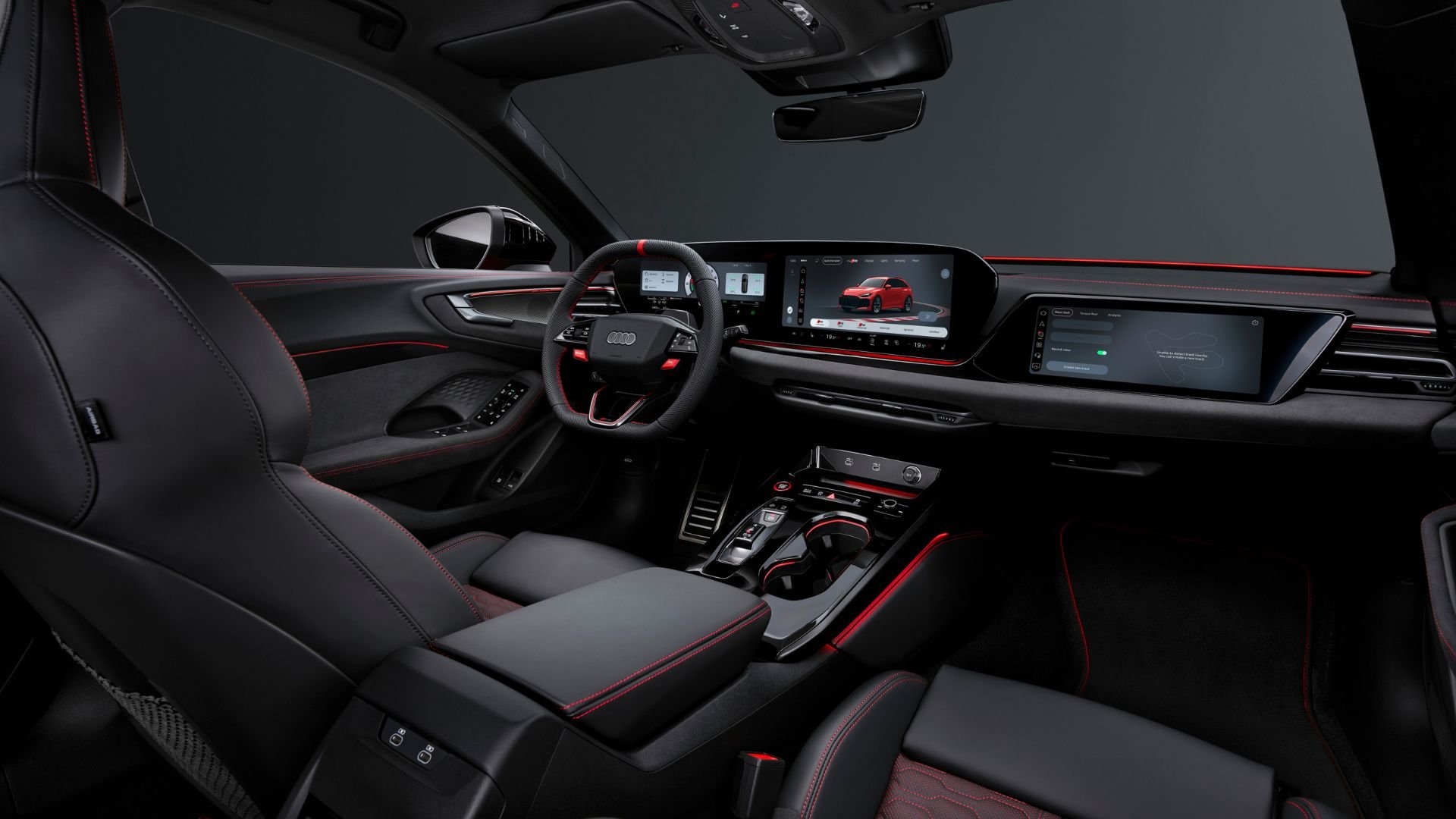 Interiören i nya Audi RS 5 med panoramaskärm och sportig cockpit