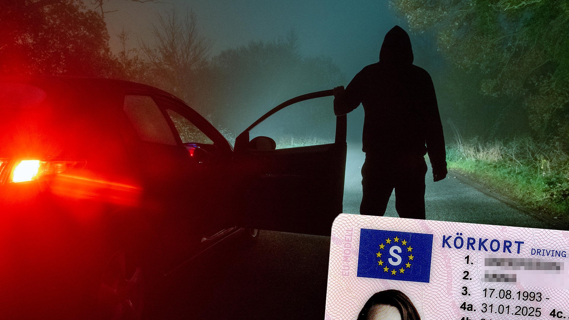 Man med hoodie i siluett vid bil.