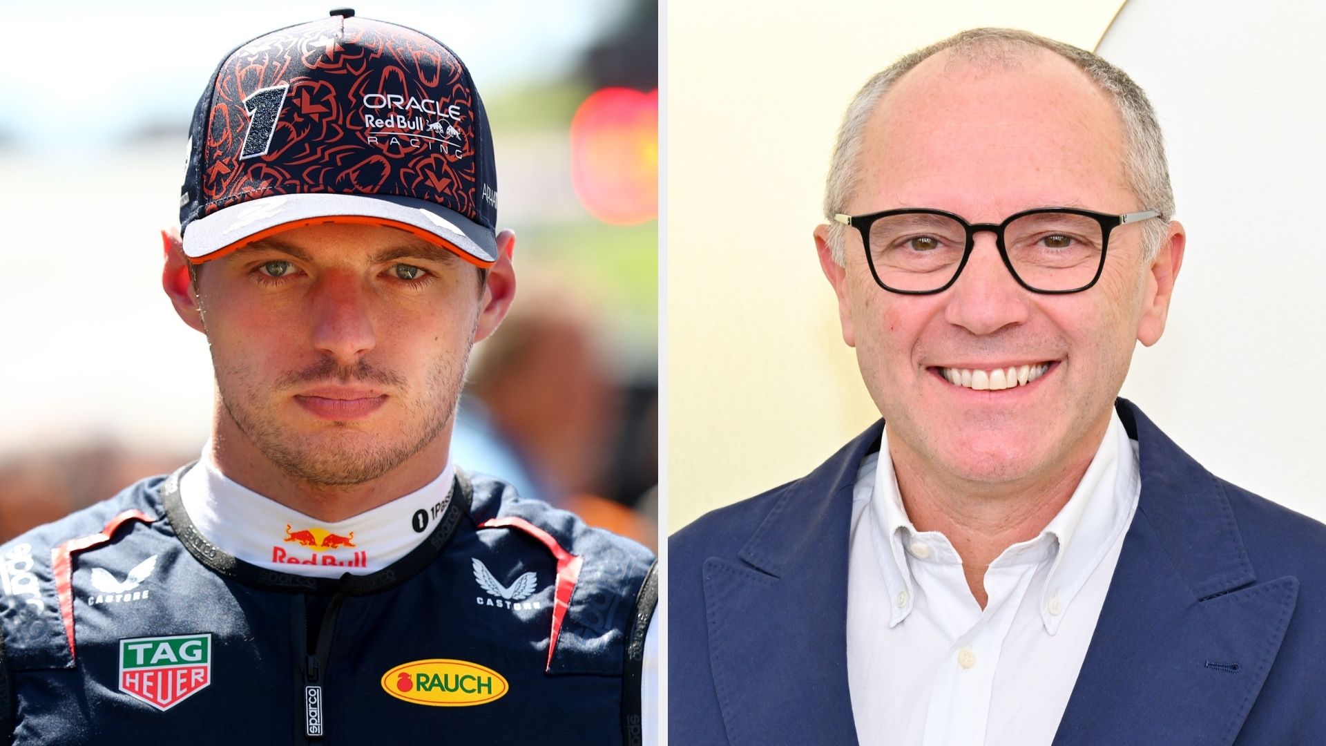 Max Verstappen i Red Bull-overall bredvid Stefano Domenicali, Formel 1:s vd