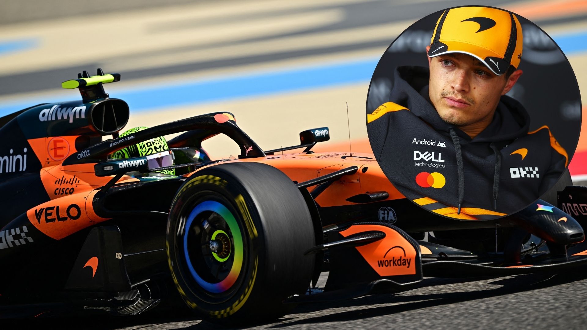 McLarens Formel 1-bil under försäsongstesterna i Bahrain 2026, med infälld bild på Lando Norris