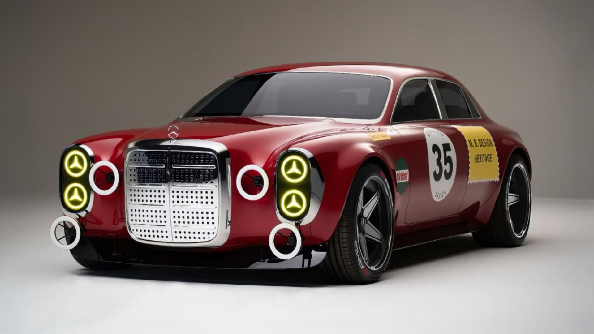 Modern tolkning av Mercedes 300 SEL 6.8 AMG Red Pig i röd lack med bred kaross och klassiska tävlingsdetaljer