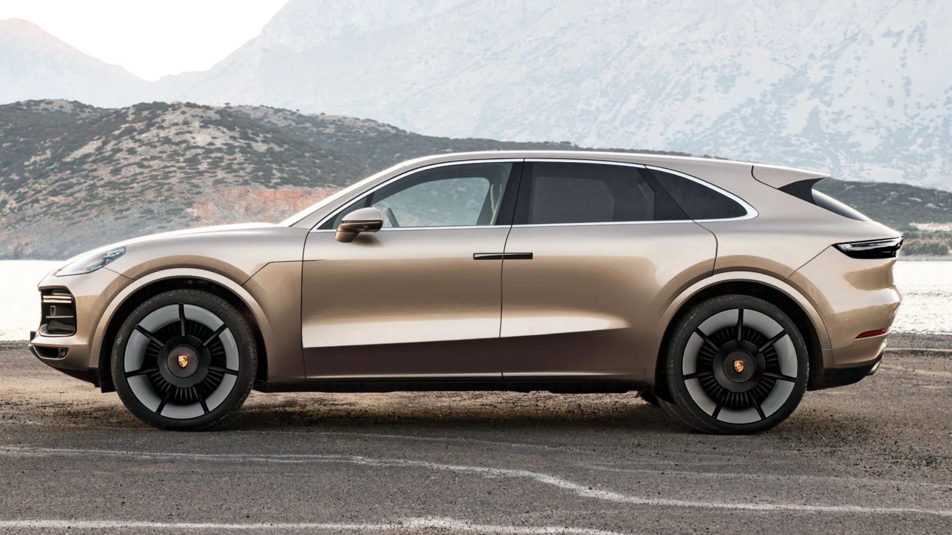 Render av Porsches kommande stora lyx-suv, sidoprofil i bronsfärg mot bergslandskap