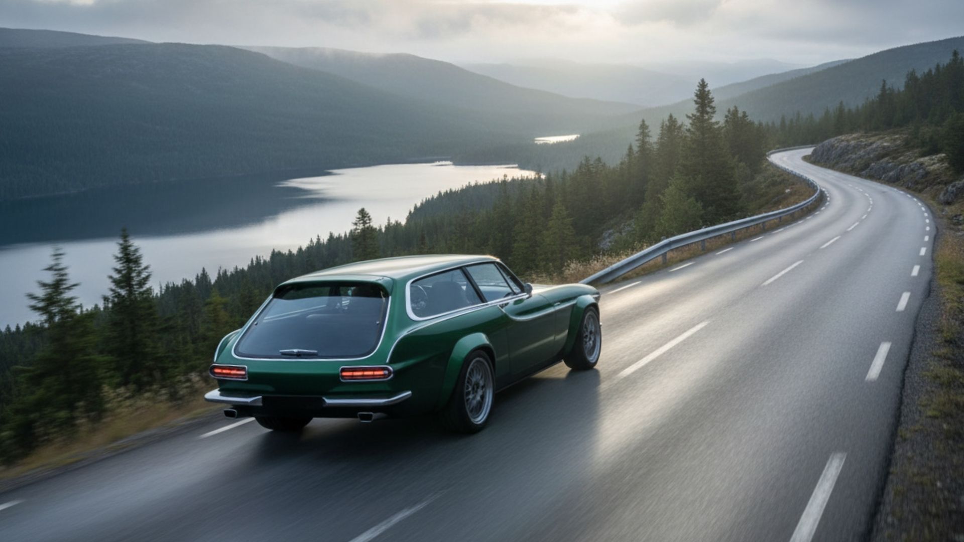 Volvo P1800 ES Norrsken restomod av Autoforma i grönt bakifrån på skandinavisk fjällväg, med LED-baklyktor och skräddarsytt dubbelutblås