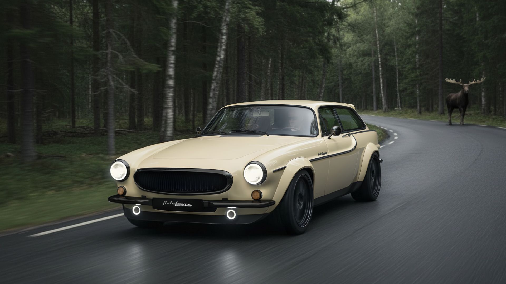 Volvo P1800 ES Norrsken restomod av Autoforma i krämvitt med svarta fälgar och kolfiberbreddningar på svensk skogsväg