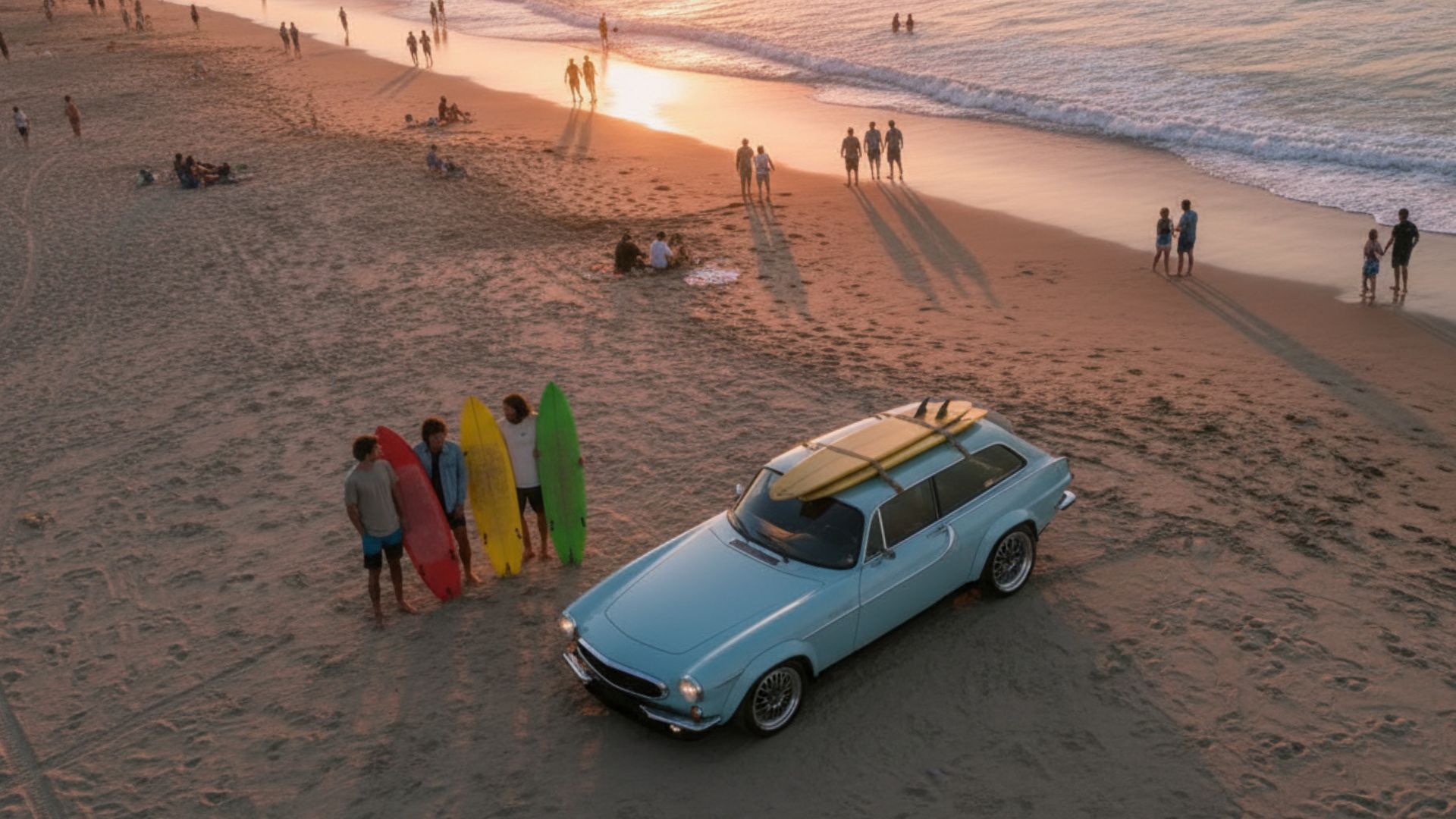 Volvo P1800 ES Norrsken restomod av Autoforma i ljusblått med surfbräda på taket på sandstrand i solnedgång