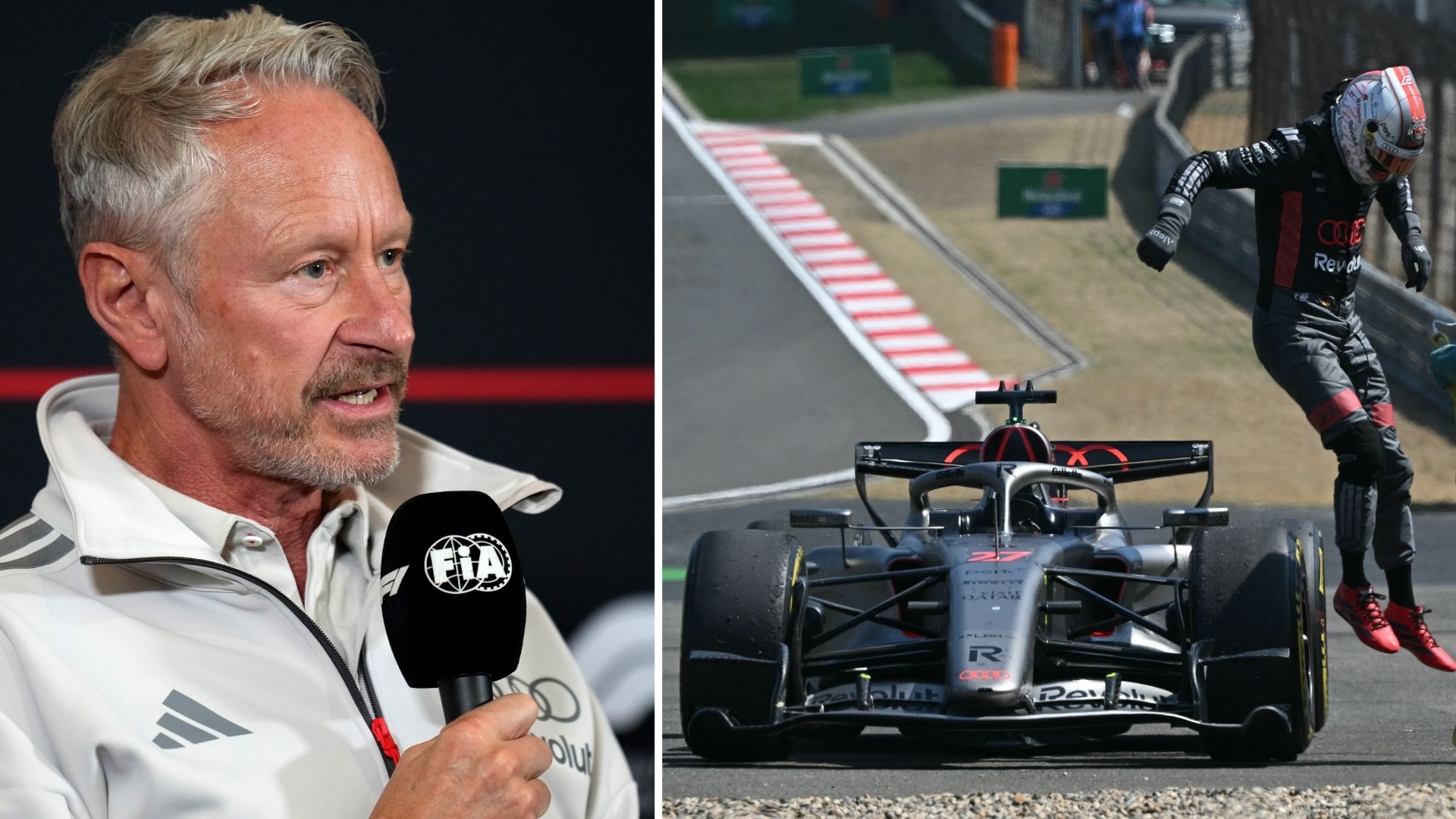 Jonathan Wheatley i Audi-kläder med en stillastående Audi-F1-bil i bakgrunden