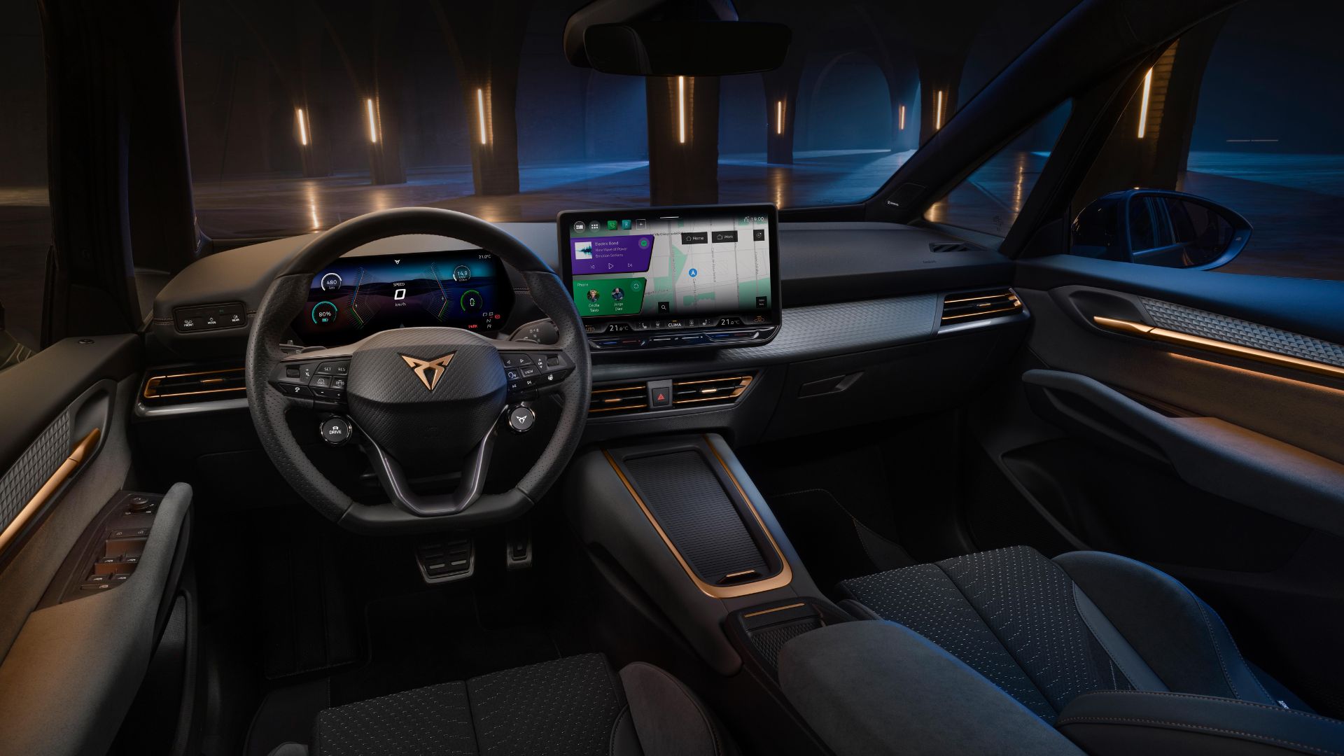 Interiören i nya Cupra Born 2026 med 12,9-tums Android-skärm och fysiska knappar på ratten