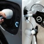 Elbil laddas bredvid dieselbil som tankas