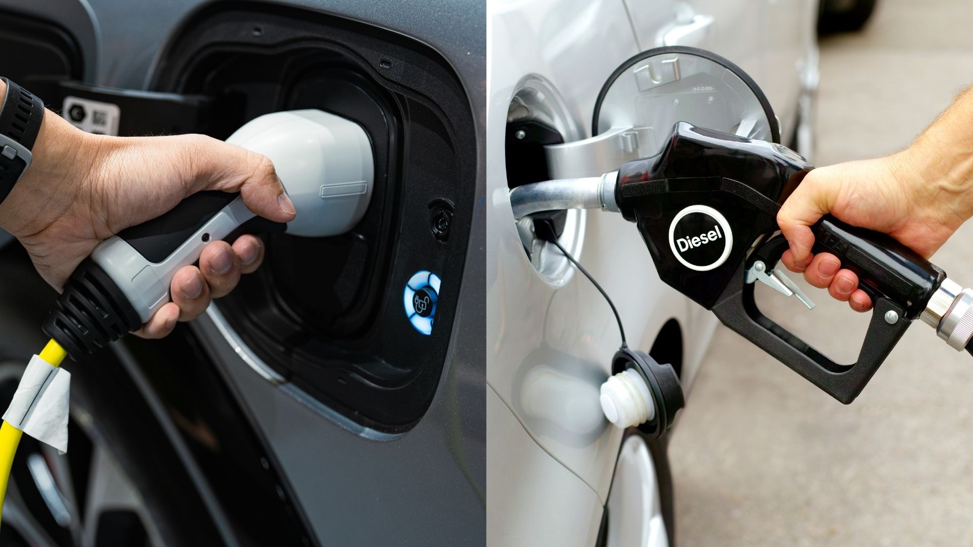 Elbil laddas bredvid dieselbil som tankas