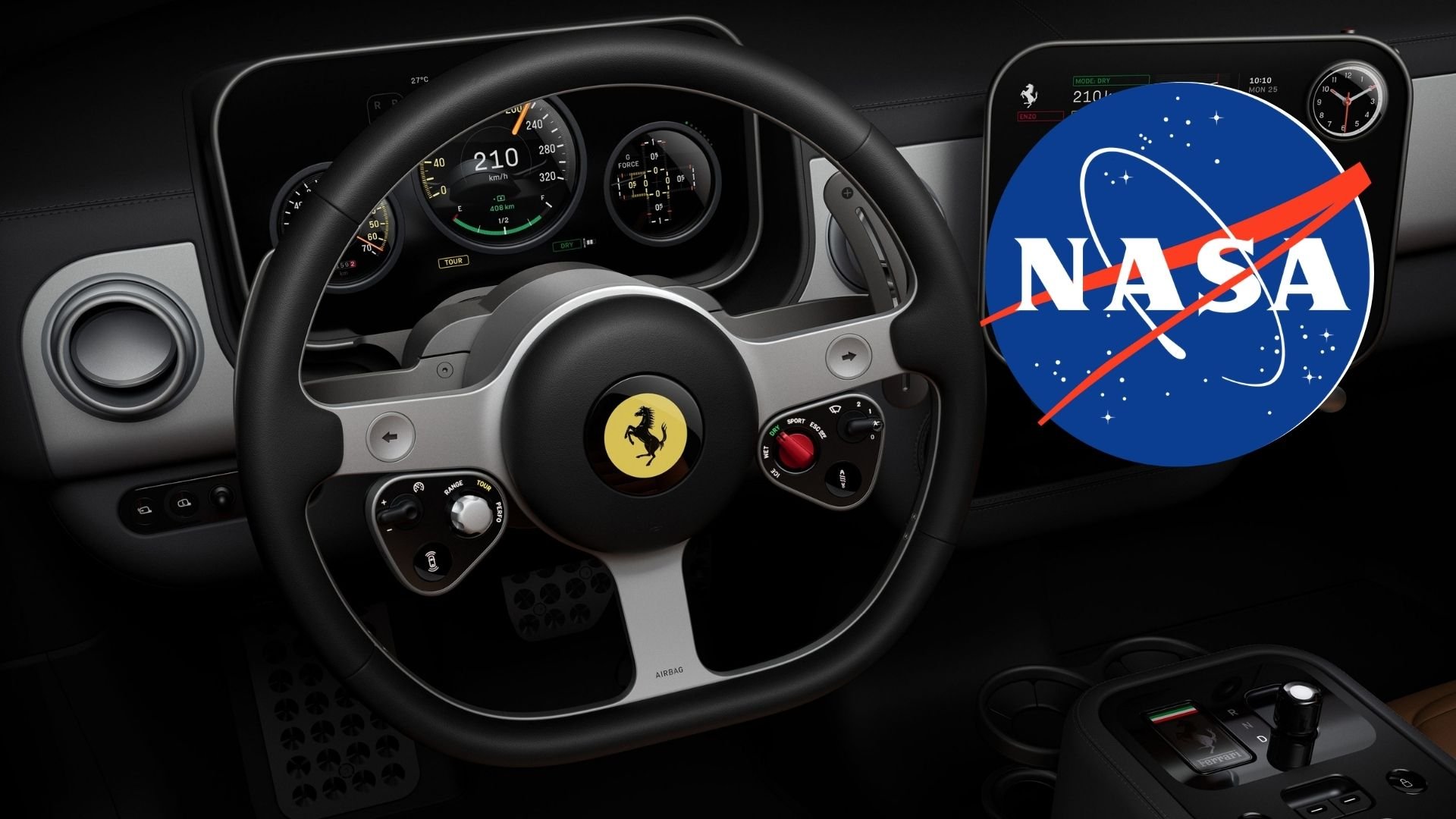 Ferraris interiör i elbilen Luce med NASA-logotyp som illustration till uppgifter om bilens extrema acceleration