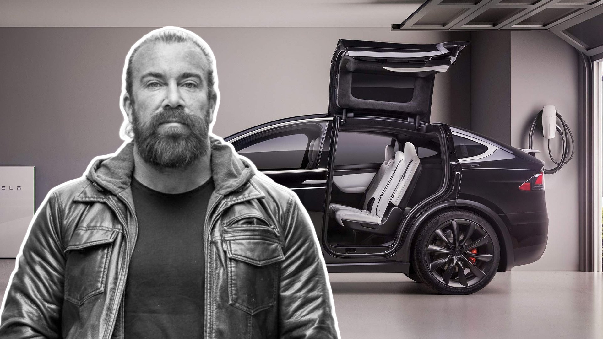 Jan Emanuel inklippt på en bild på en svart Tesla Model X.