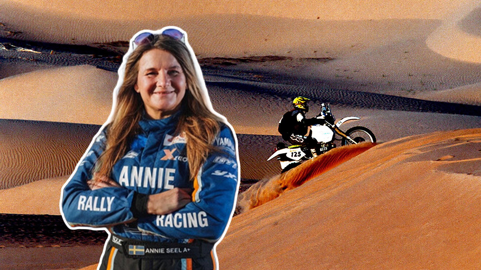 Annie Seel inklippt på en bild på en motorcykel på sanddyner i Dakarrally. s