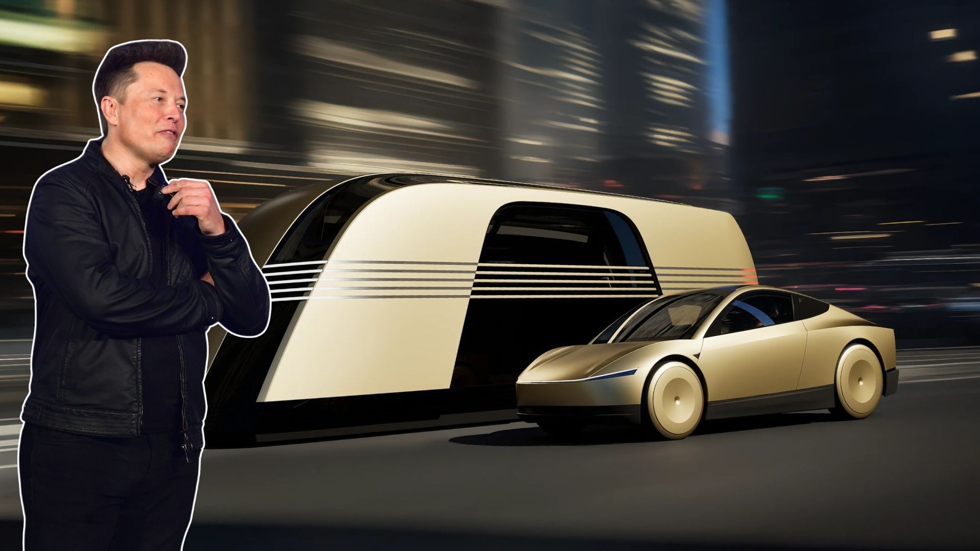 Elon Musk framför Teslas Robovan-koncept och en futuristisk personbil