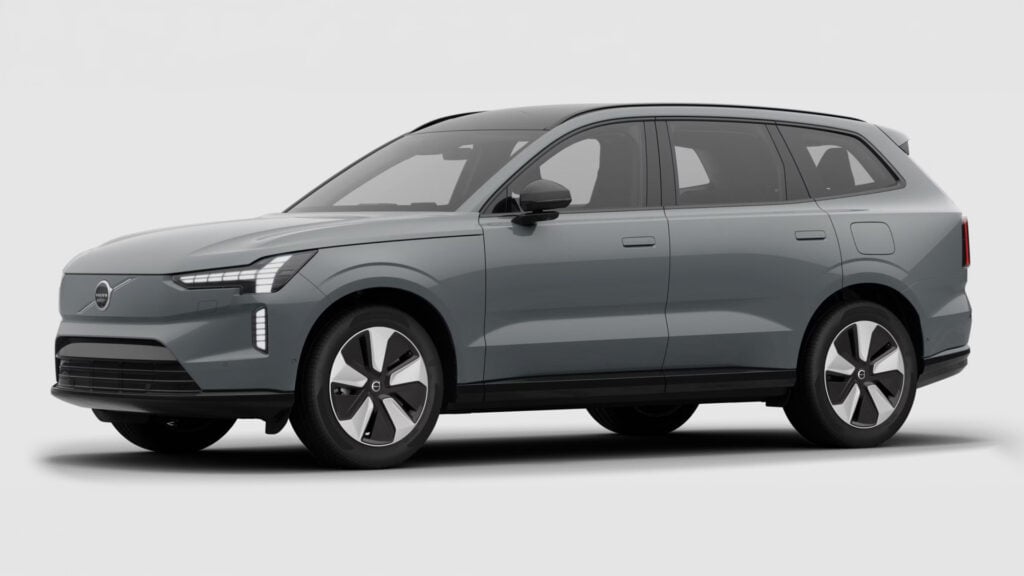 Grå Volvo EX90 från sidan.