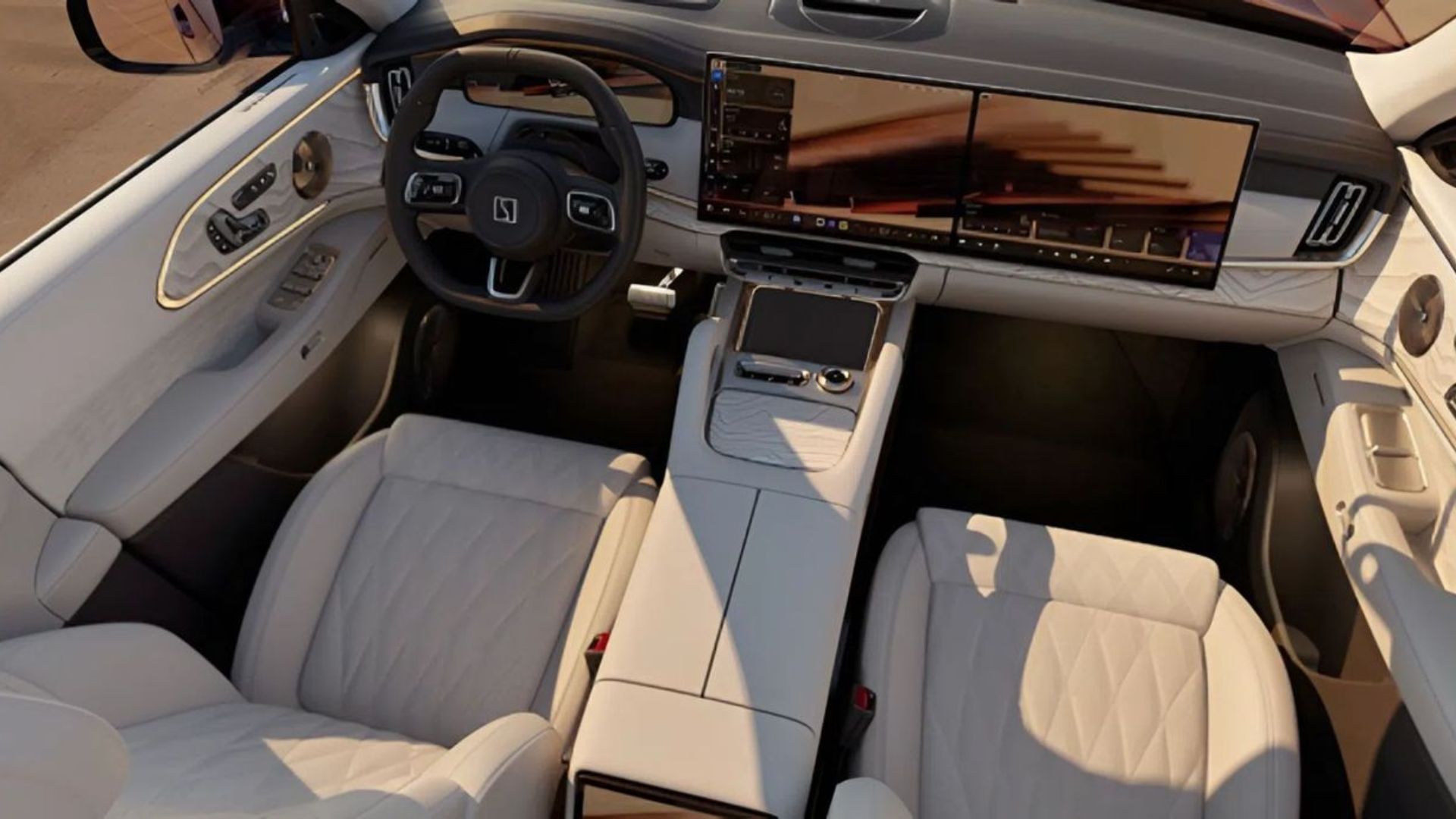 Interiör i Zeekr 8X med bred digital display och ljusa stolar