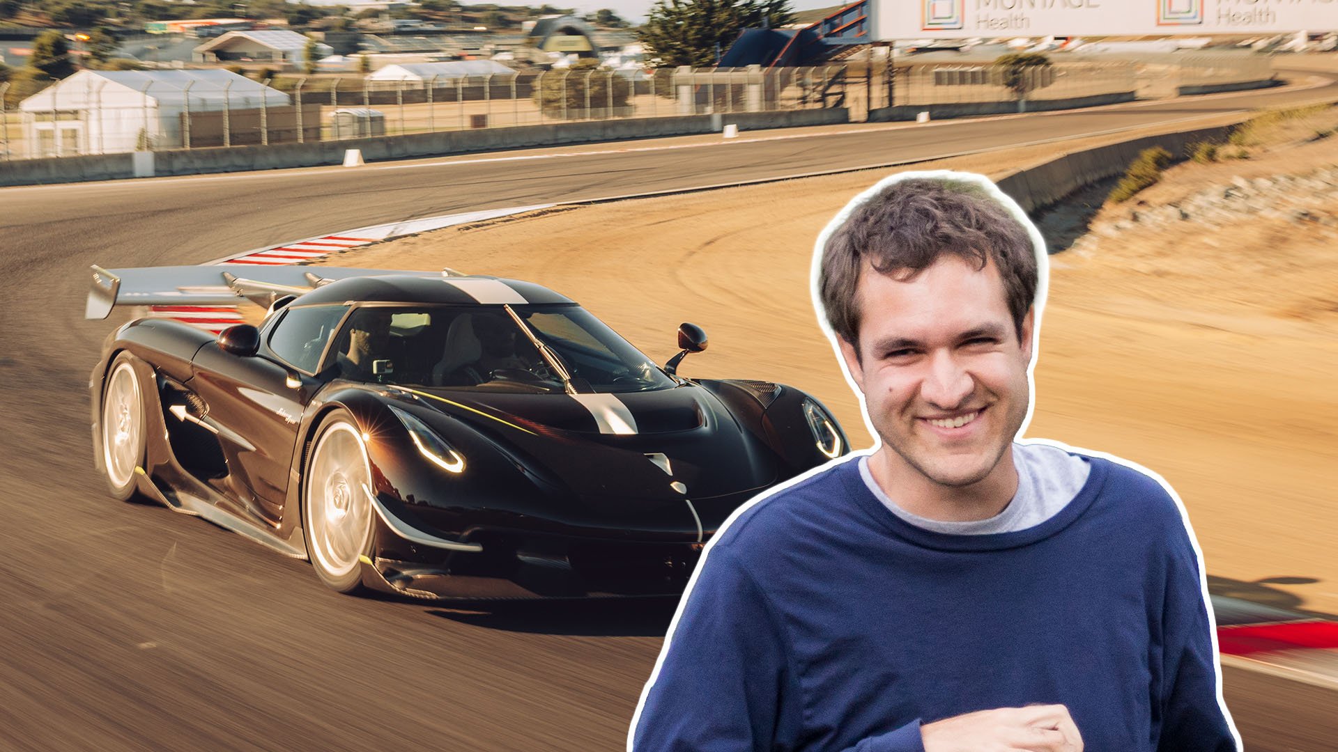 Doug DeMuro inklippt på en bild på en brun Koenigsegg Jesko.