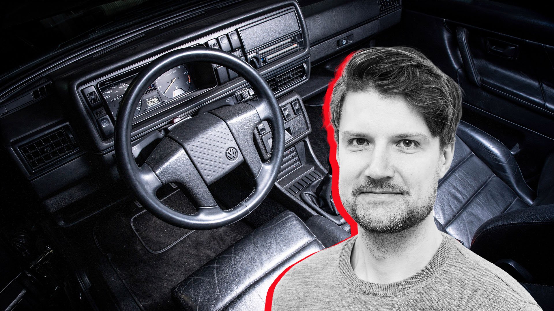 Inredningsbild på en Volkswagen Golf Limited från 1989 med John Sempill inklippt på bilden.