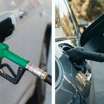 Bensinpump tankar bil och till höger i bild ser vi ett ladduttag med laddsladd kopplad.