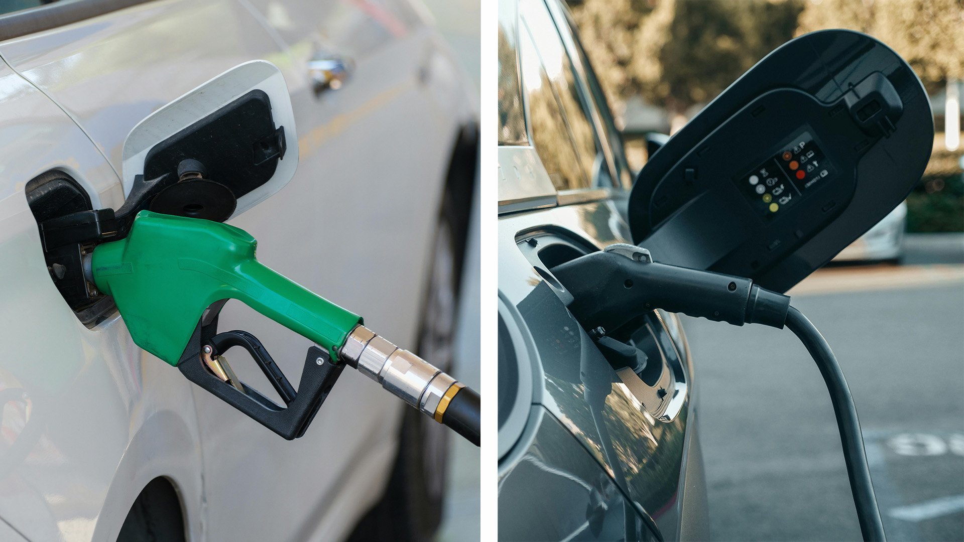 Bensinpump tankar bil och till höger i bild ser vi ett ladduttag med laddsladd kopplad.