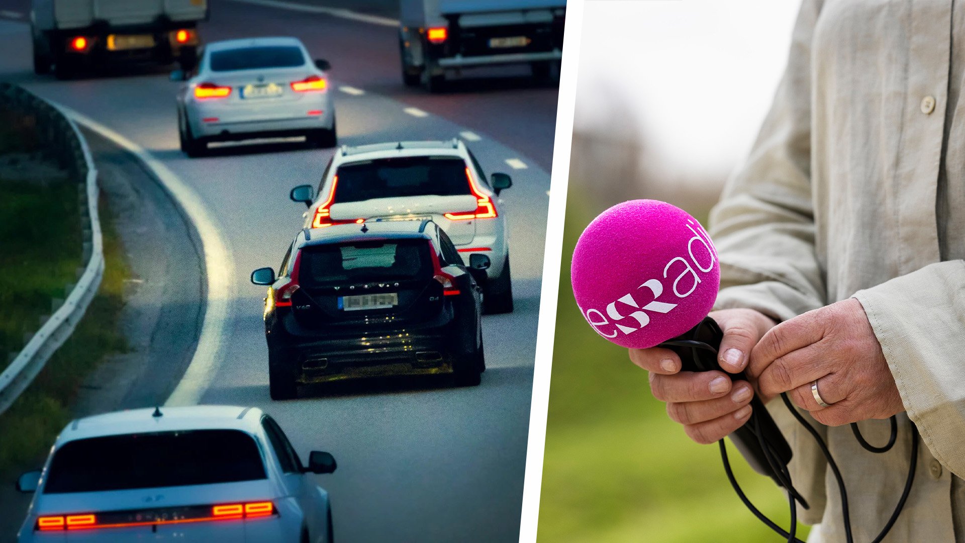 Kollage med bilar på motorväg och en närbild på en Sveriges Radio-mikrofon.