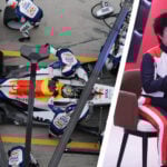 Arvid Lindblads Racing Bulls F1-bil ovanifrån i depån i Kinas GP med BYD:s vd Stella Li infälld till höger i bild.