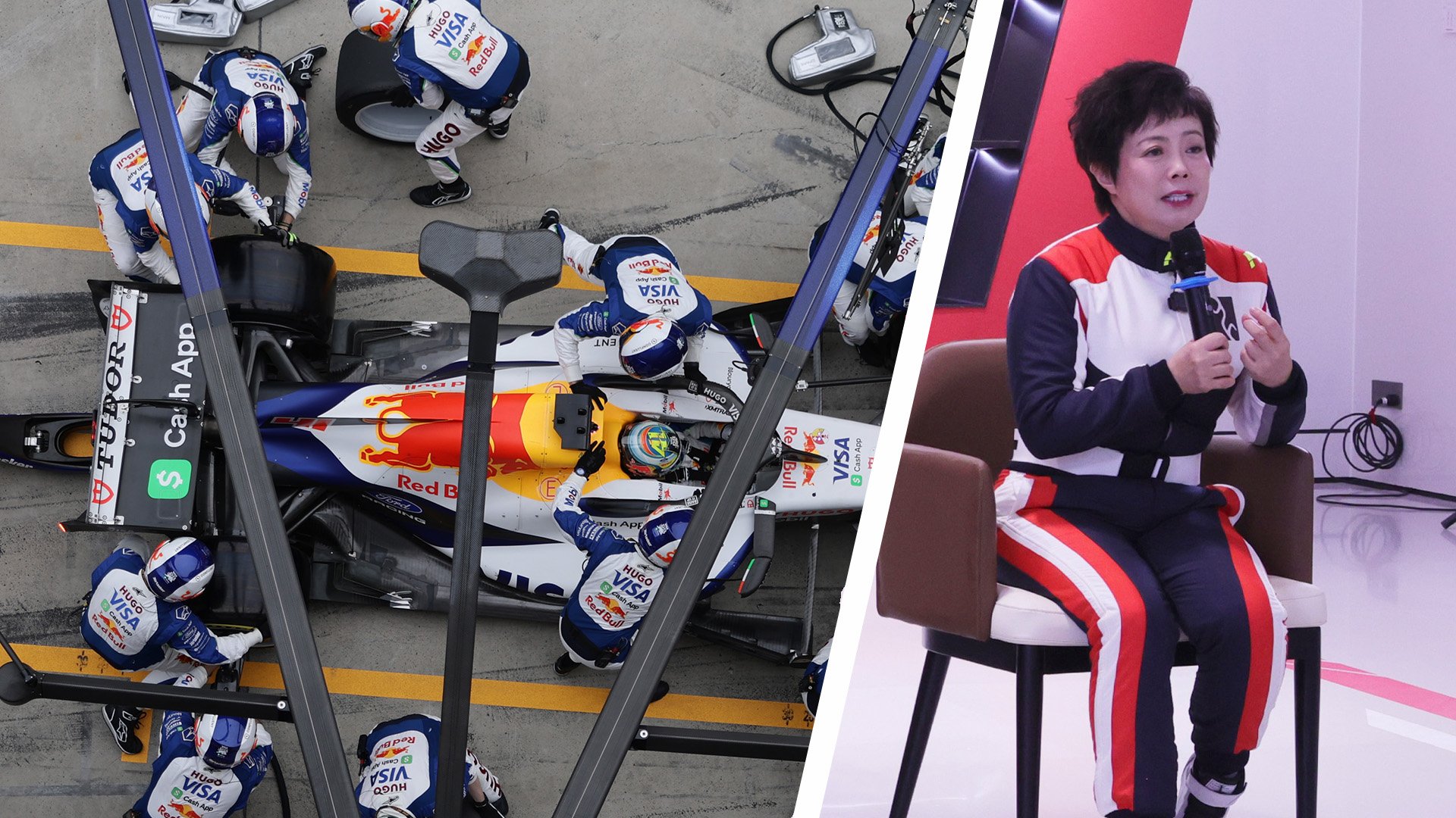 Arvid Lindblads Racing Bulls F1-bil ovanifrån i depån i Kinas GP med BYD:s vd Stella Li infälld till höger i bild.