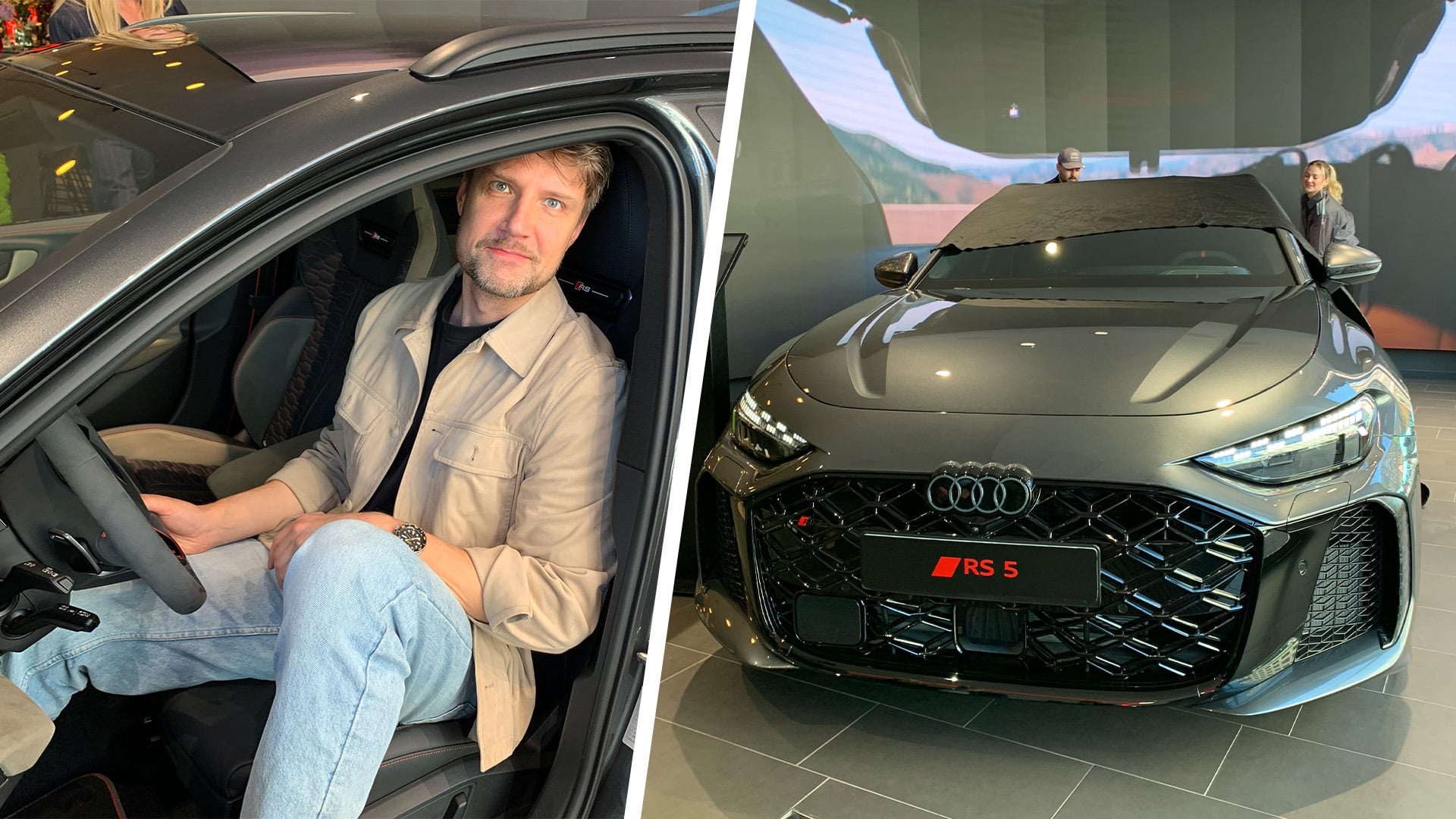 John Sempill i en Audi RS 5 och en bild på Audi RS 5 framifrån.