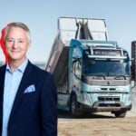 Johan Söderberg hos Circle K inklippt på en bild på en Volvo ellastbil.