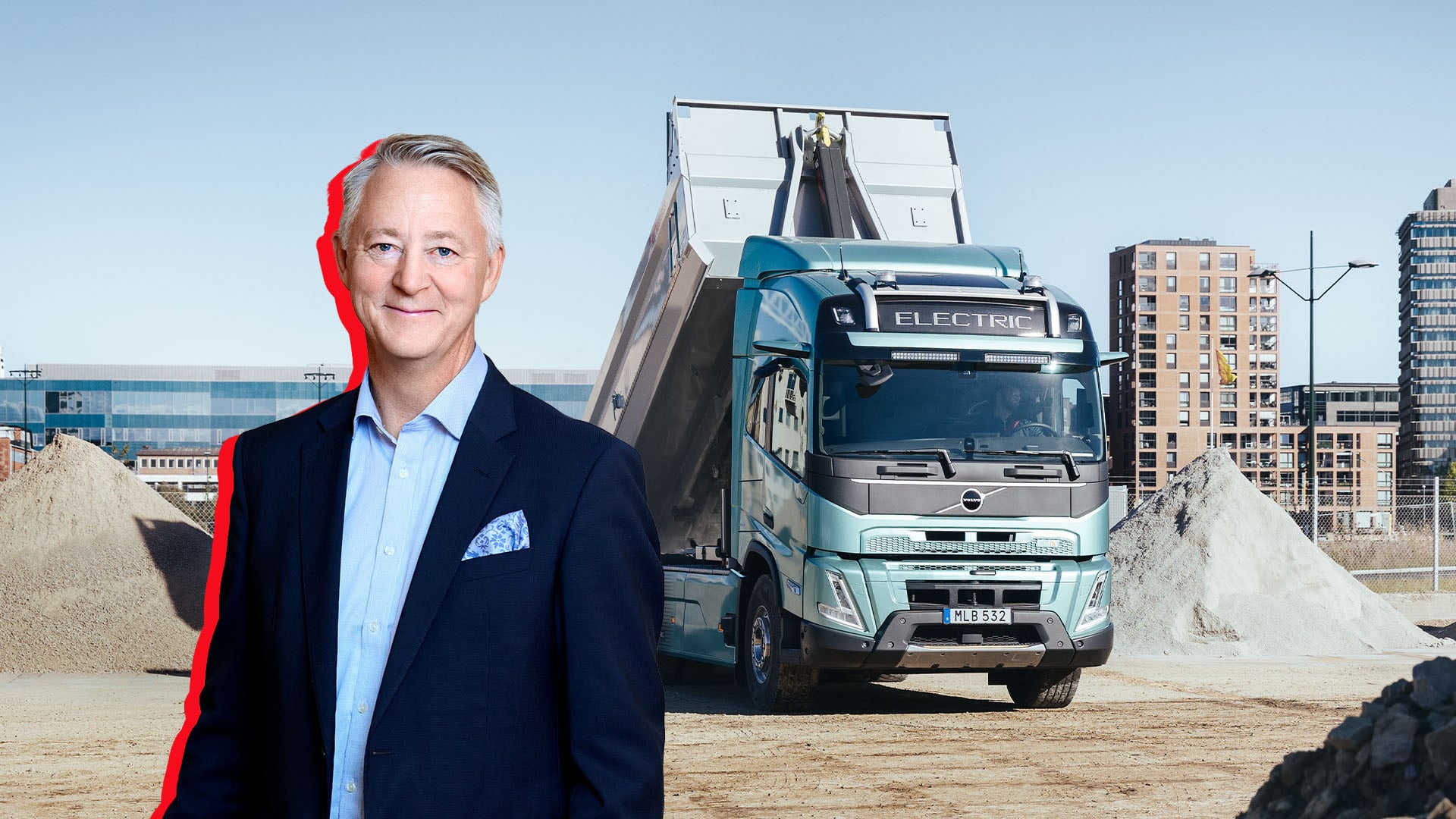 Johan Söderberg hos Circle K inklippt på en bild på en Volvo ellastbil.