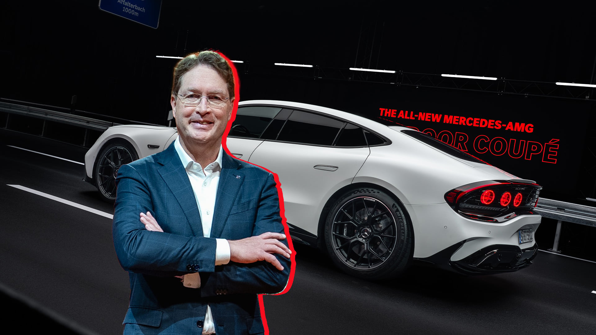 Ola Källenius inklippt framför en vit AMG GT 4-Door Coupé.