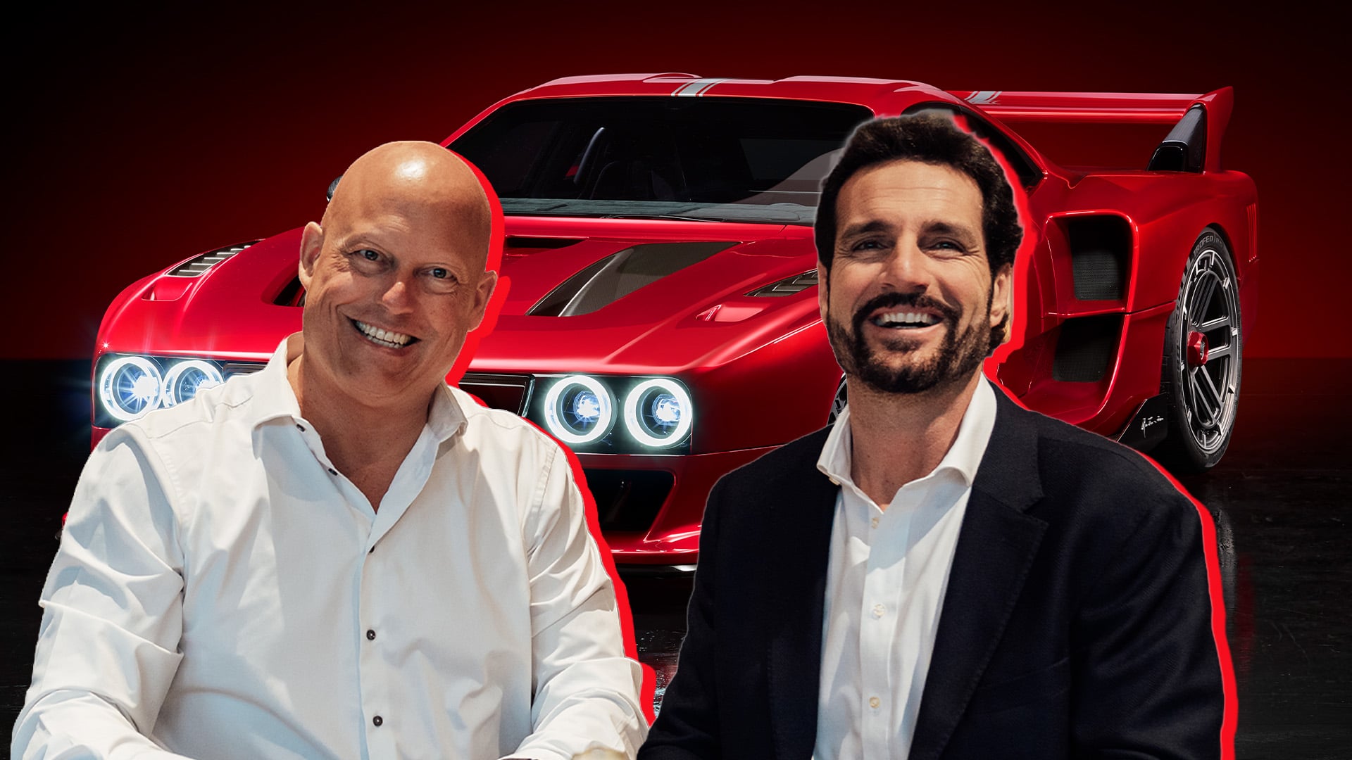 Christian von Koenigsegg till vänster och Luca Betti till höger inklippt på en bild på en röd Kimera K-39.