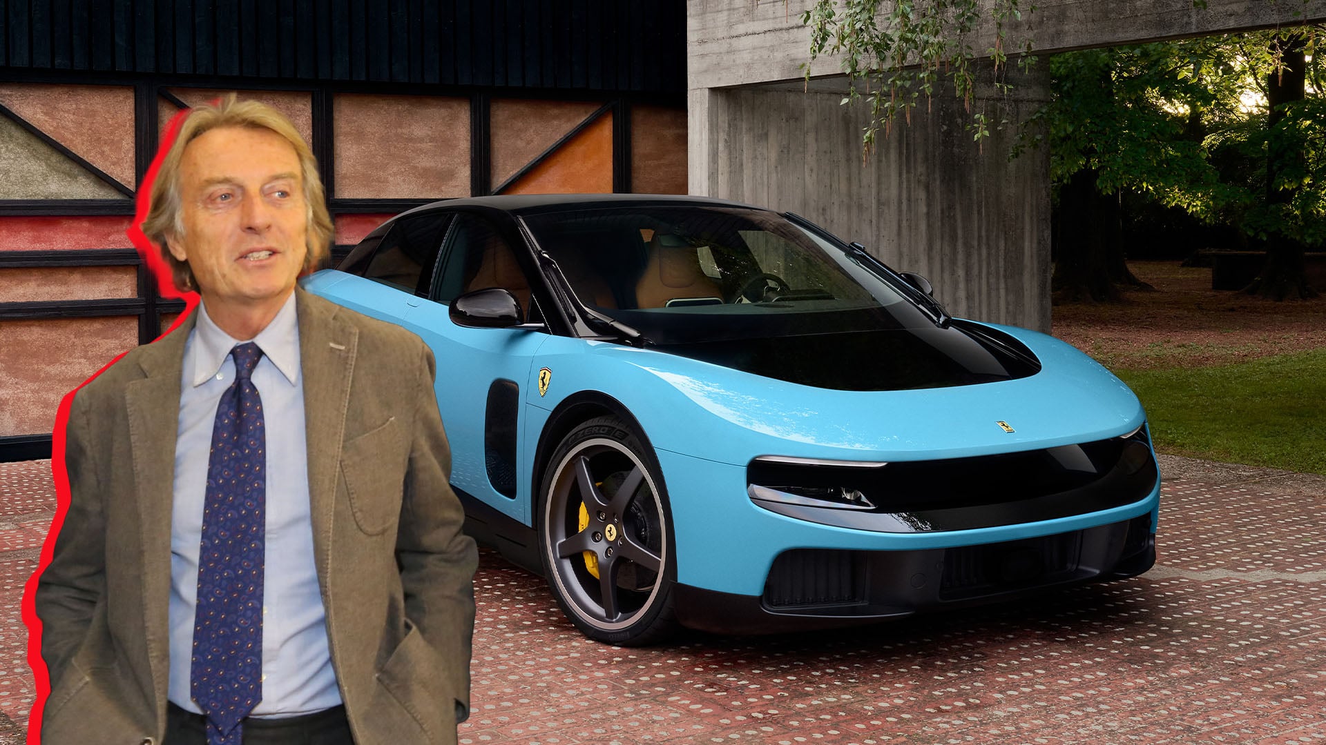 Luca di Montezemolo inklippt på en bild på en blå Ferrari Luce.