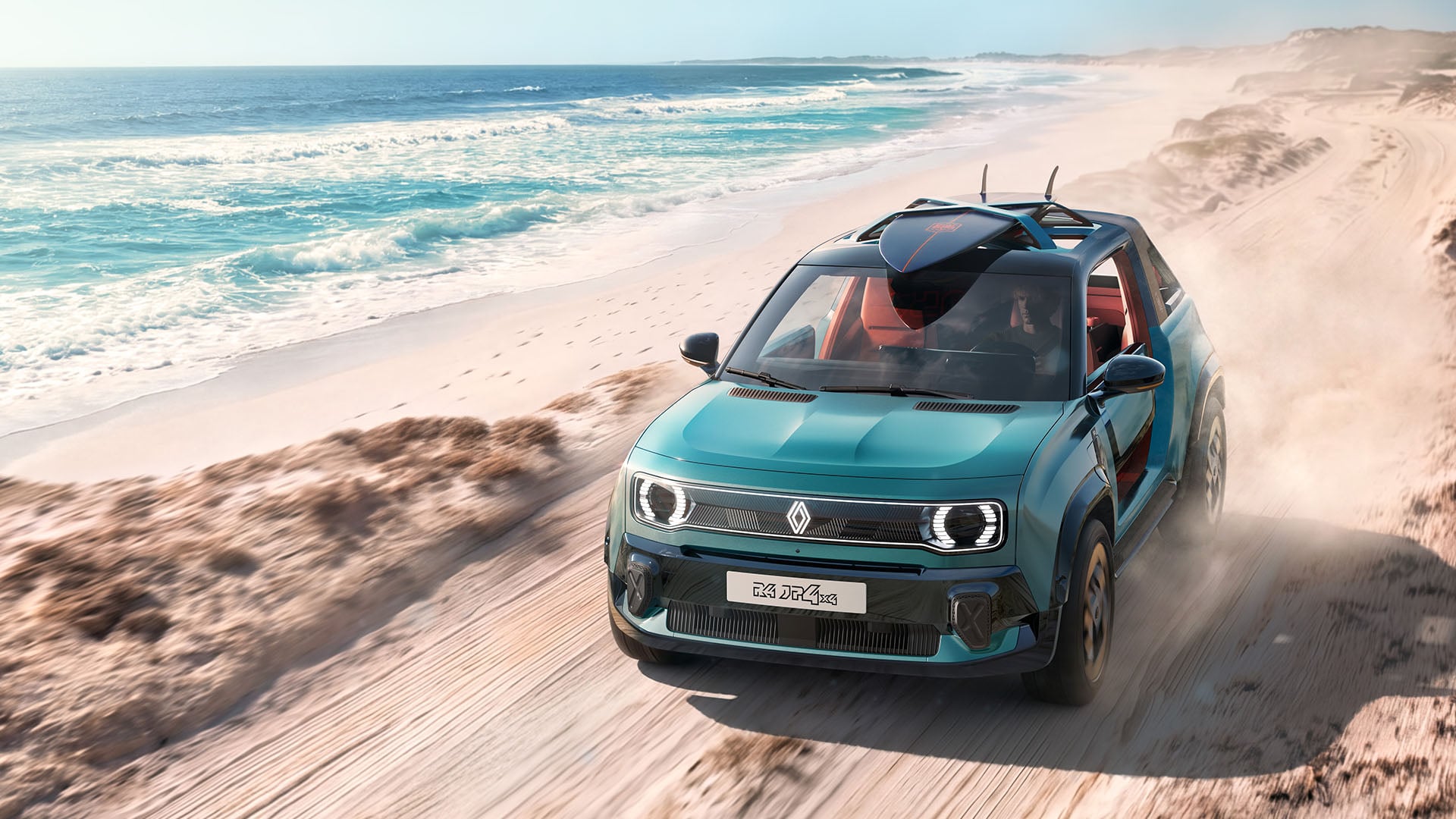 Renault 4 JP4x4 snett framifrån på en strandväg.