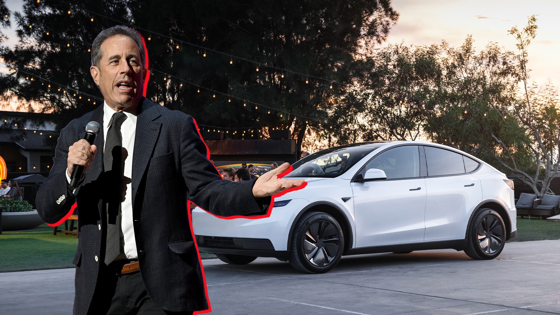 Jerry Seinfeld uppträder på Bob Woodruff Foundation. Infälld på en bild på en vit Tesla Model Y.