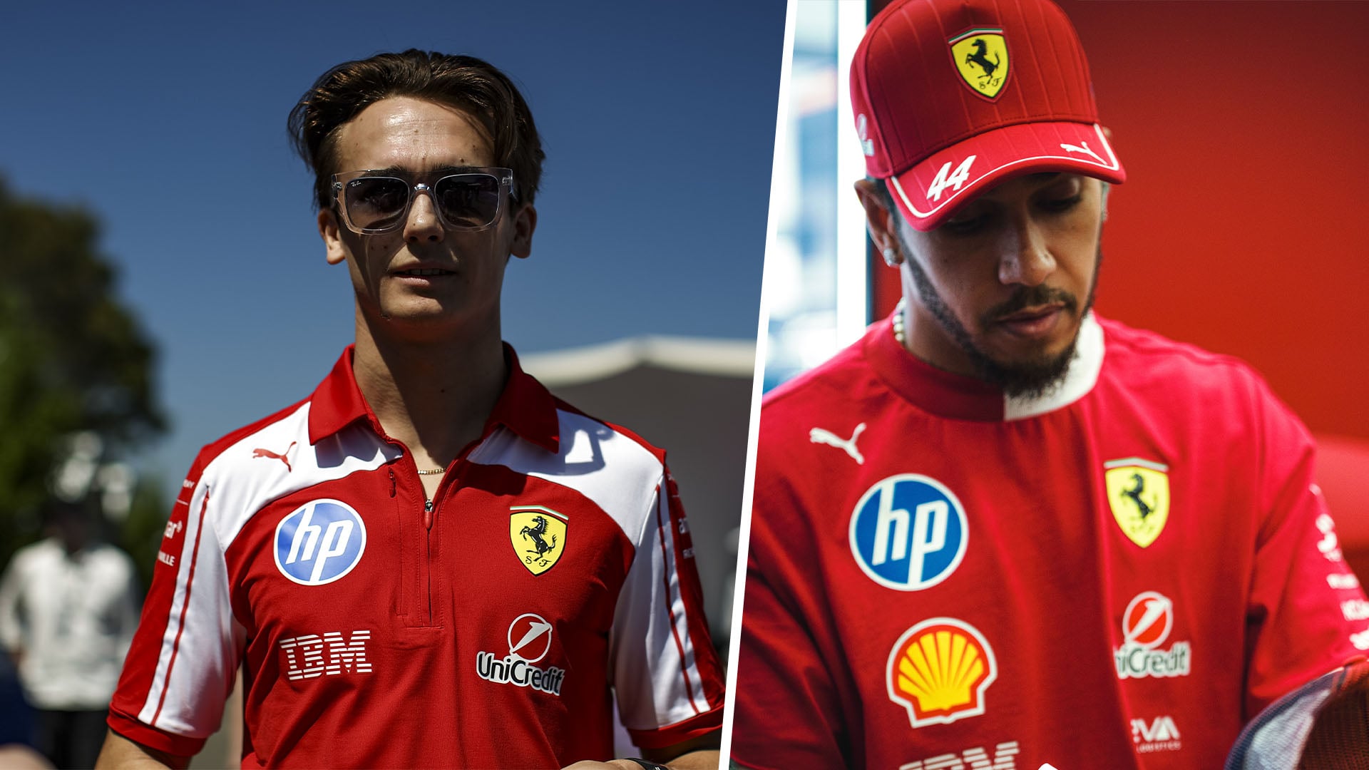 Dino Beganovic i Scuderia Ferrari-piké och solglasögon. Till höger inklippt i bild är Lewis Hamilton.