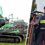 Andreas Melin till höger i bild och en Volvo EC230 Electric till vänster med Melins Entreprenad-logga.